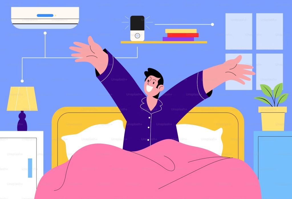 a peaceful person sitting up in bed during early morning light, taking a deep breath to start their day with a mindful morning reset.