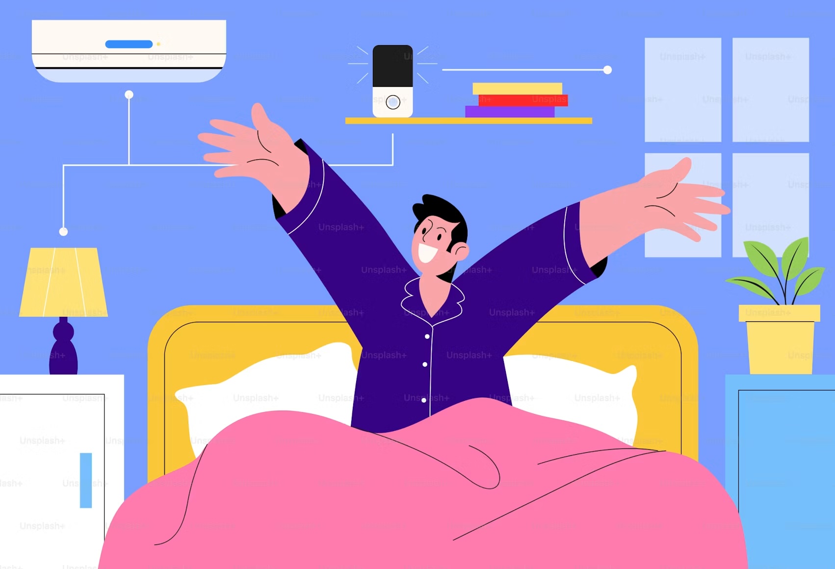 a peaceful person sitting up in bed during early morning light, taking a deep breath to start their day with a mindful morning reset.