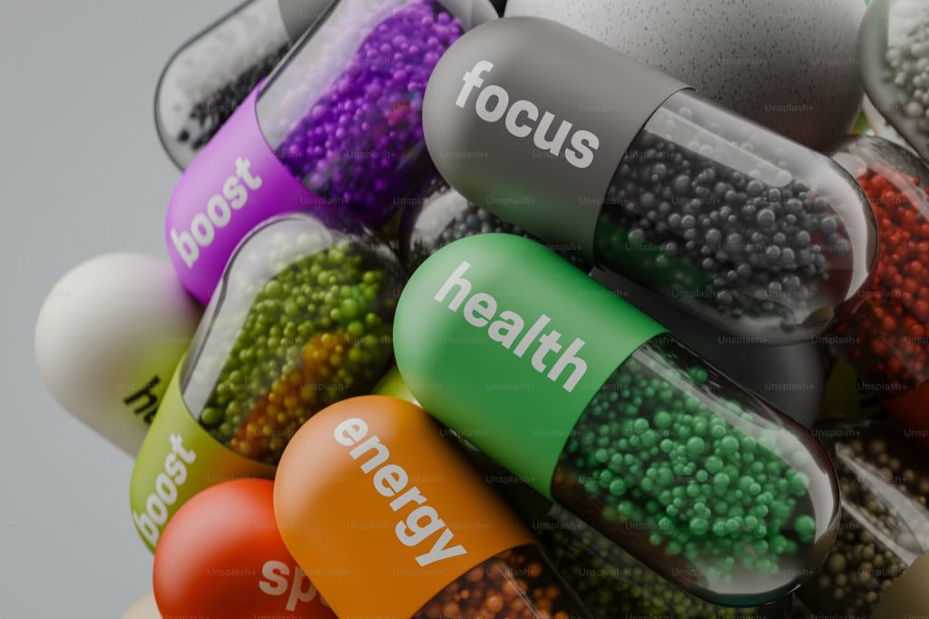 Whole foods and vitamin supplements representing nutrition and dietary choices