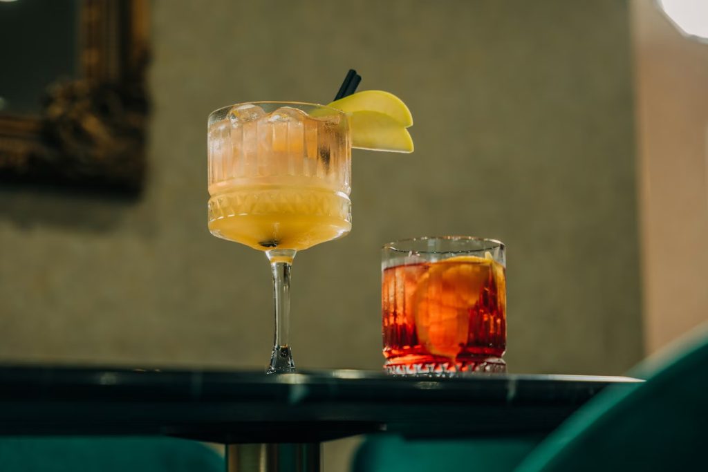 Alcoholic and non-alcoholic drinks placed side by side