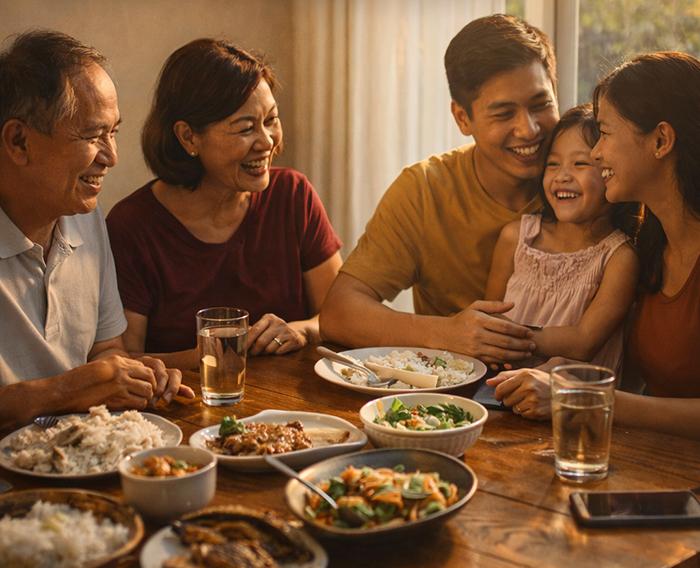 Filipino family sharing a relaxed Sunday meal at home.Image title: The Joy of a Slow Sunday