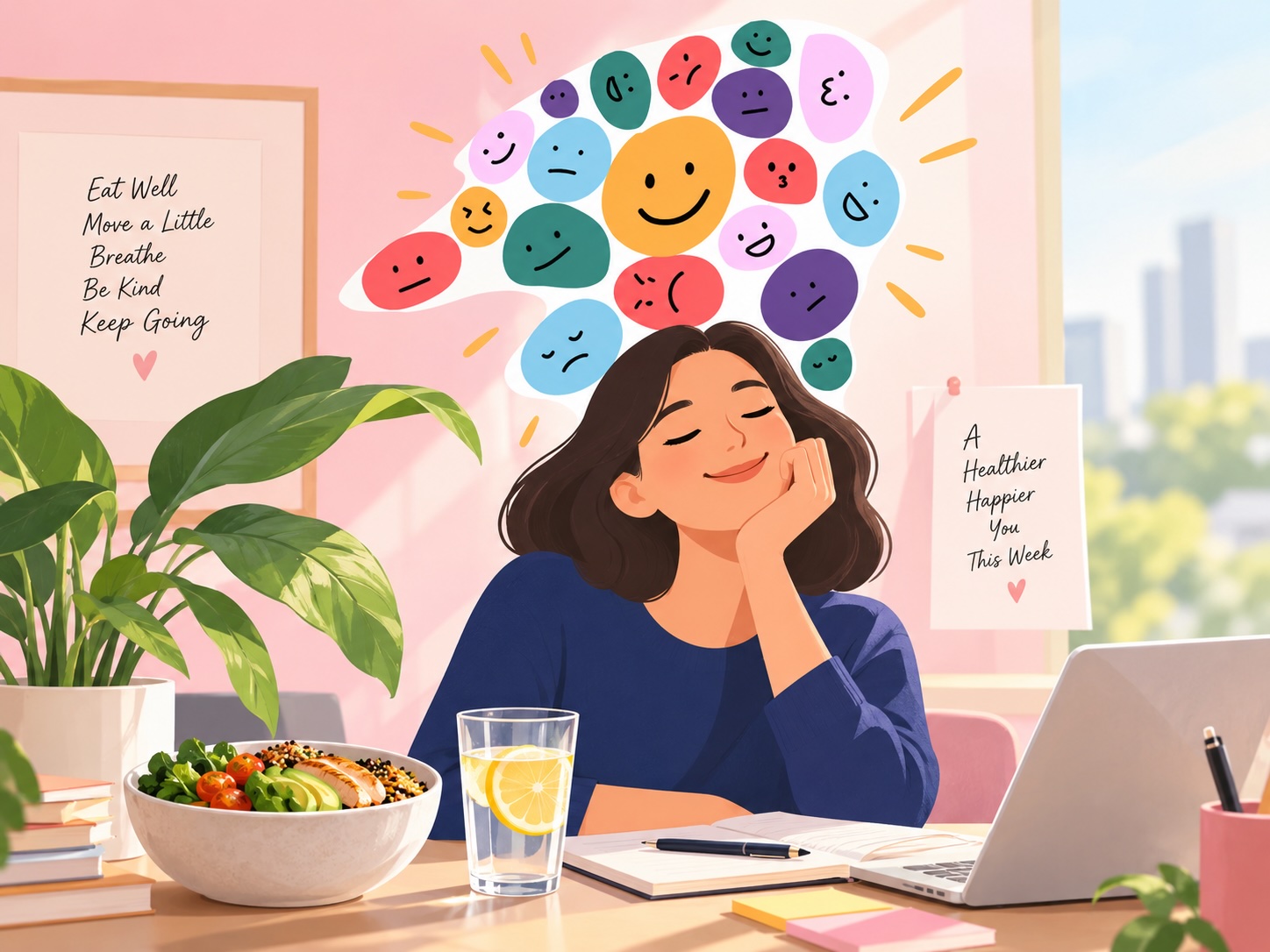 Woman taking a mindful break at her desk with healthy food, water and colorful emotions representing different moods