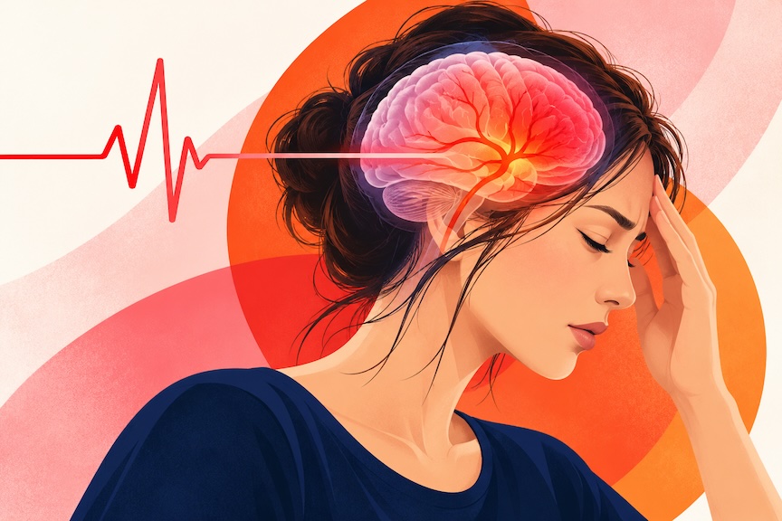 Illustration of a young woman with a highlighted brain and blood vessels, representing stroke awareness in young adults.